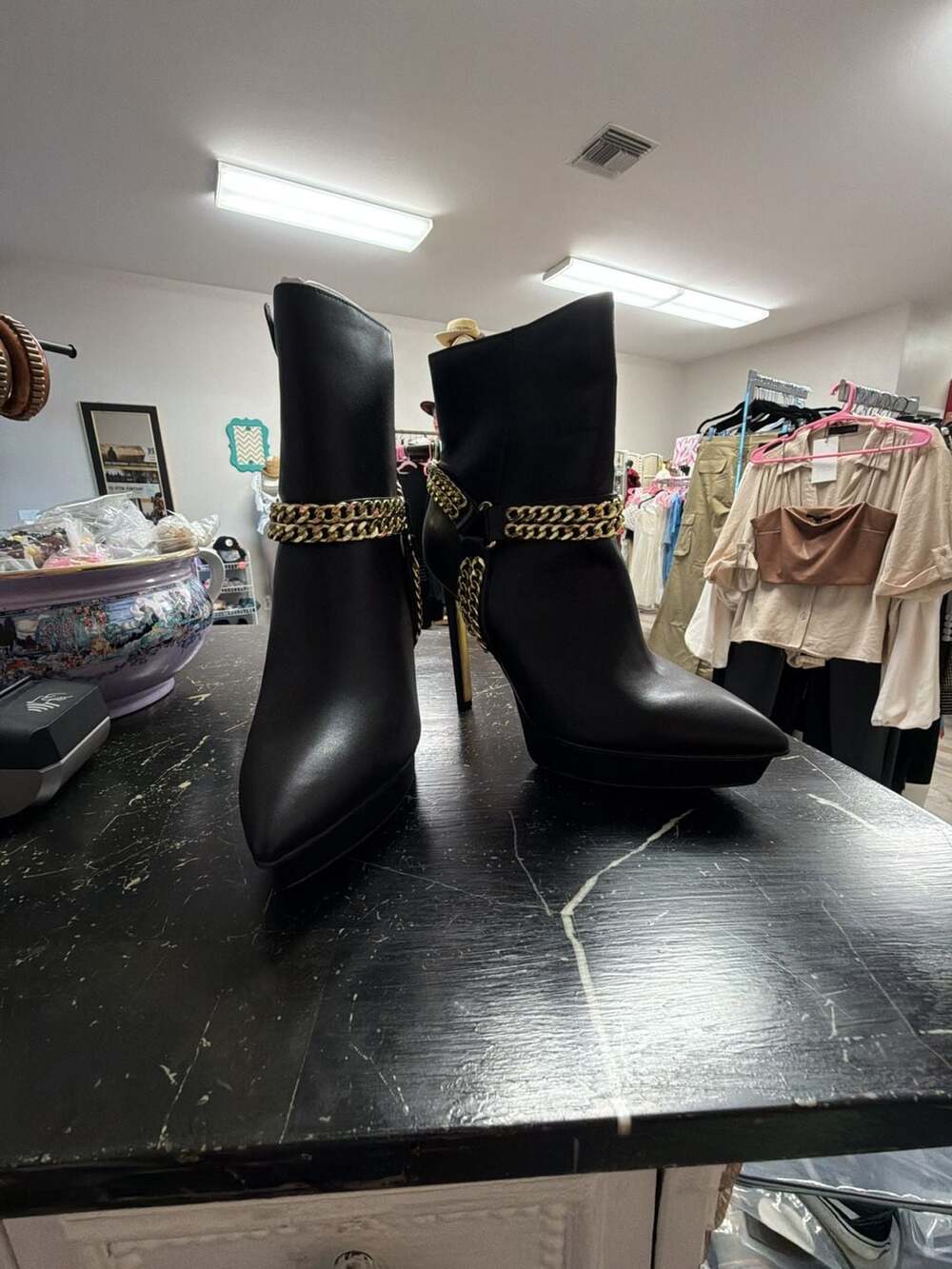 JLo Jennifer Lopez Black and Gold Chain High Heel Stiletto Ankle Boots Booties
